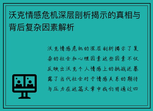 沃克情感危机深层剖析揭示的真相与背后复杂因素解析