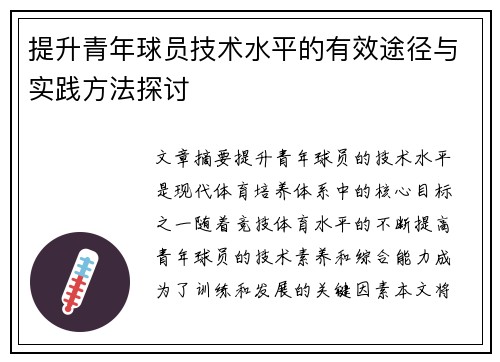 提升青年球员技术水平的有效途径与实践方法探讨
