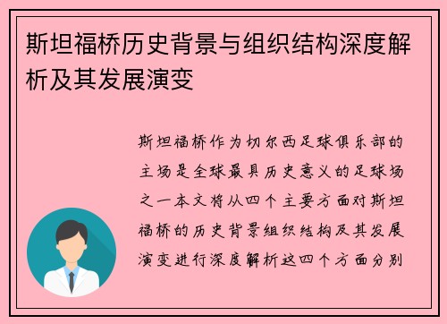 斯坦福桥历史背景与组织结构深度解析及其发展演变