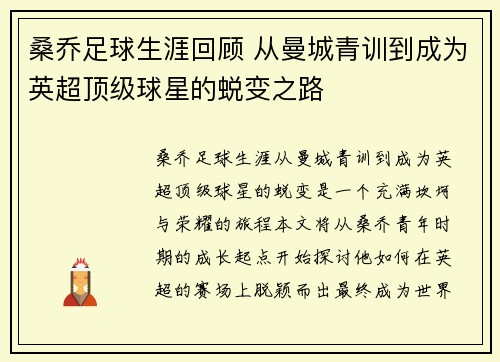 桑乔足球生涯回顾 从曼城青训到成为英超顶级球星的蜕变之路